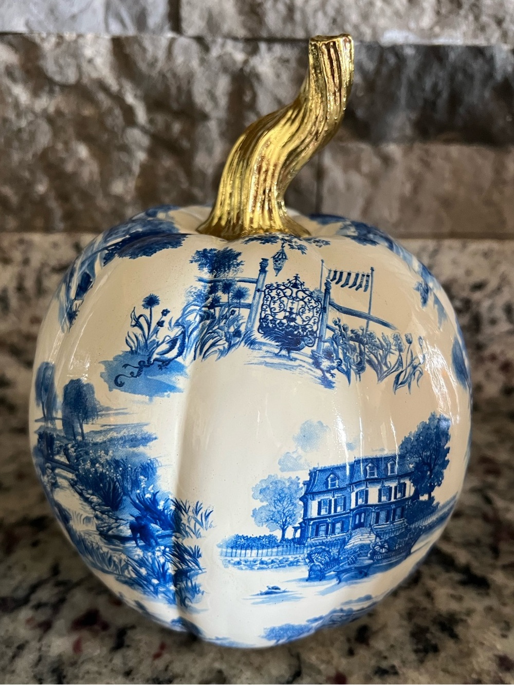 Mackenzie-Childs Royal Toile Small Pumpkin with Gold stem. New in Box! - Picture 2 of 10